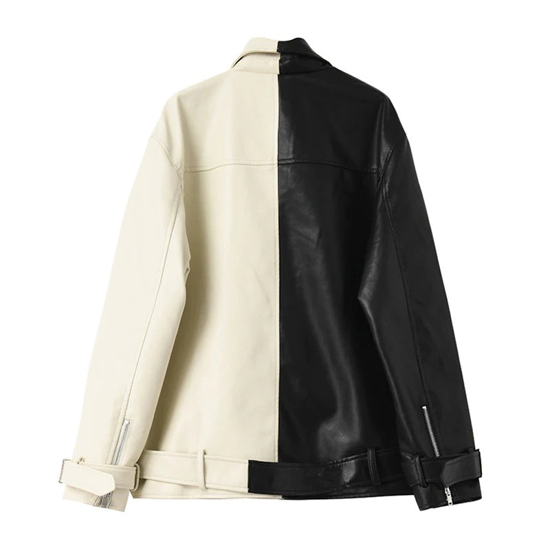 Half Black Half White Two-tone Vegan Leather Biker Coat Jacket