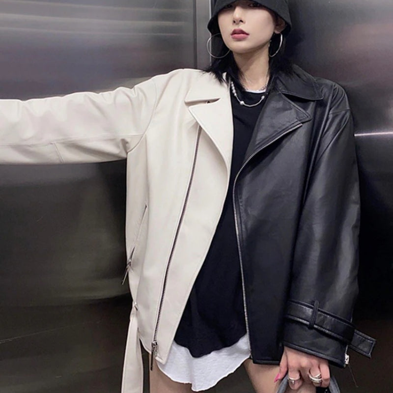 Half Black Half White Two-tone Vegan Leather Biker Coat Jacket