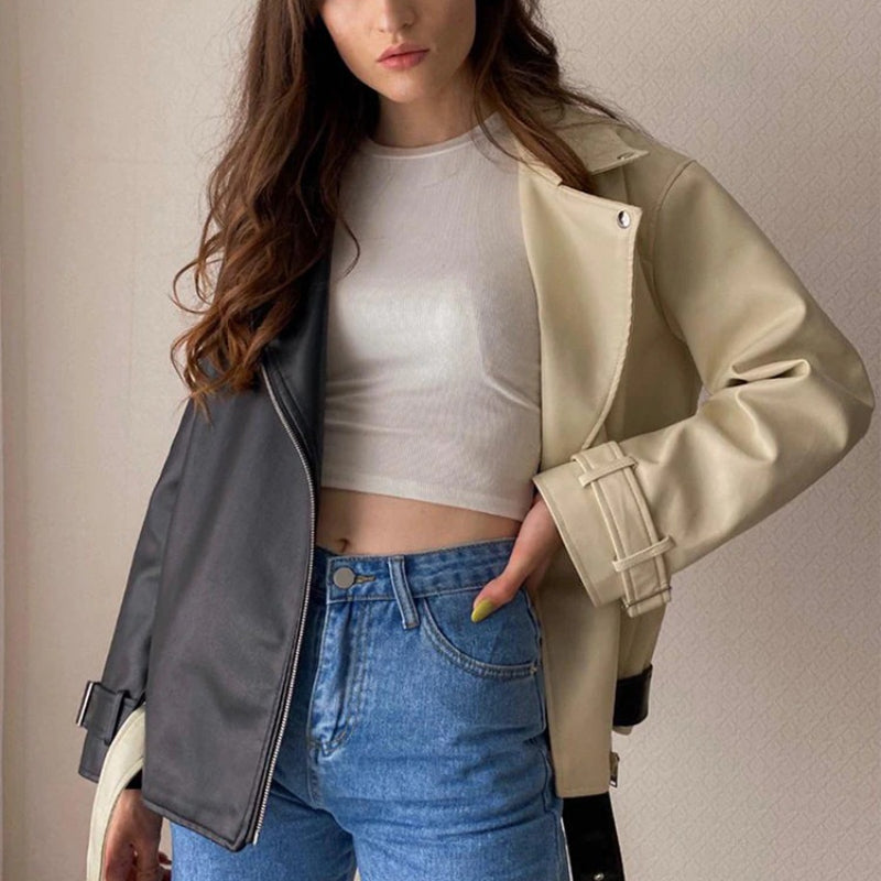 Half Black Half White Two-tone Vegan Leather Biker Coat Jacket