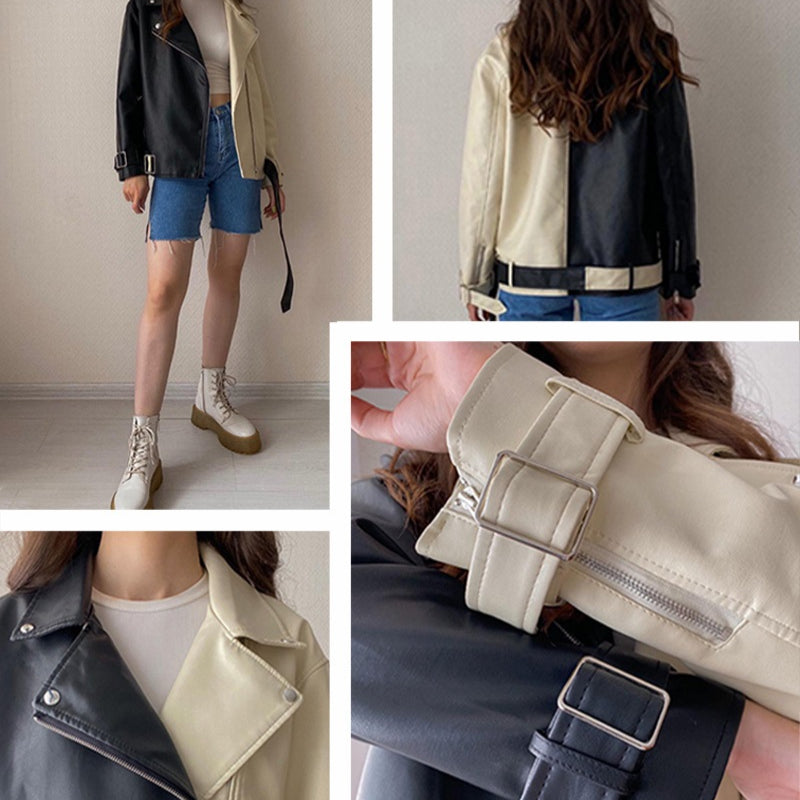Half Black Half White Two-tone Vegan Leather Biker Coat Jacket